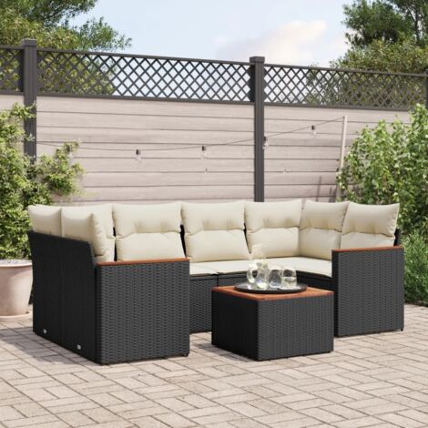 Gartenmöbelset 7 Teilig mit Kissen Schwarz Rattan
