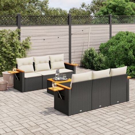 Gartenmöbelset 7 Teilig mit Kissen Schwarz Rattan