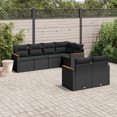 Gartenmöbelset 7-teilig mit Kissen Schwarz Rattan
