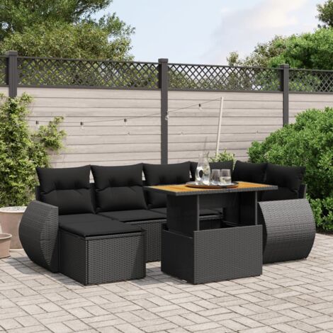 Gartenmöbelset 7-teilig mit Kissen Schwarz Rattan