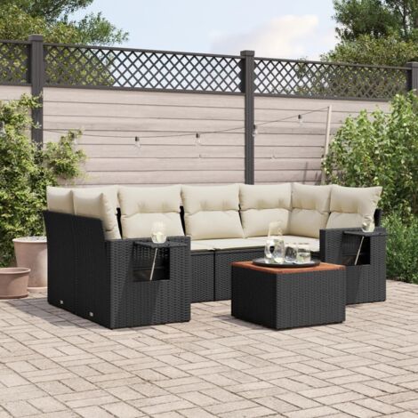 Gartenmöbelset 7-teilig mit Kissen schwarz Rattan