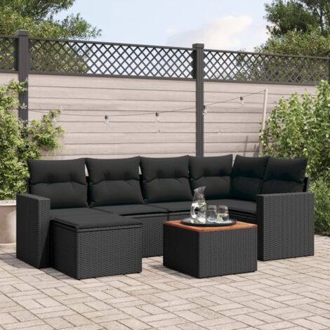 Gartenmöbelset 7-teilig mit Kissen Schwarz Rattangeflecht