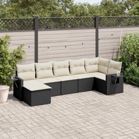 Gartenmöbelset 7-teilig mit Kissen Schwarz Rattangeflecht