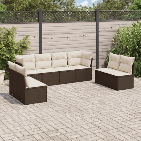 Gartenmöbelset 8 Stück mit braunen Kissen aus Geflecht