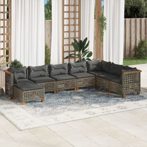 Gartenmöbelset 8 Stück mit grauen Kissen aus geflochtener Kunstoff