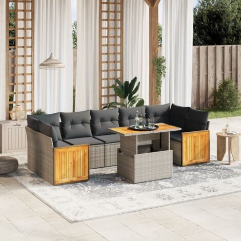 Gartenmöbelset 8 Teile mit grauen Kissen aus Geflecht