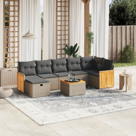 Gartenmöbelset 8 Teile mit grauen Kissen aus geflochtener Kunstfaser