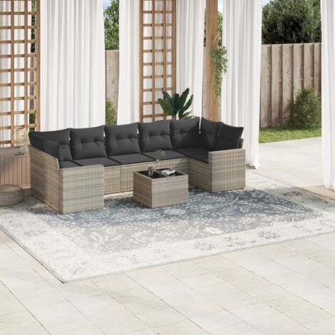 Gartenmöbelset 8 Teile mit hellgrauen Kissen aus geflochtener Rattan