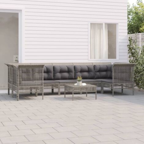 Gartenmöbelset 8 Teile mit Kissen Grau Geflochtenes Material