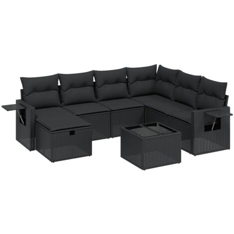 Gartenmöbelset 8 Teile mit Kissen Schwarz Geflecht
