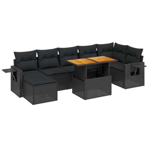 Gartenmöbelset 8 Teile mit Kissen Schwarz Geflochtene Kunststoffe