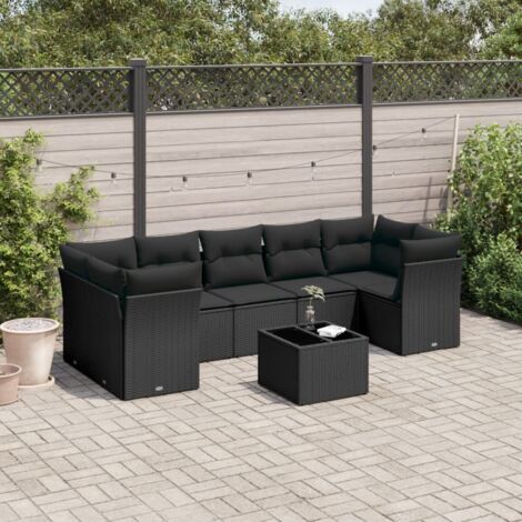 Gartenmöbelset 8 Teile mit Kissen Schwarz Geflochtene Rattan