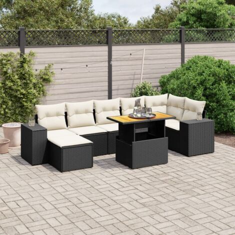 Gartenmöbelset 8 Teile mit Kissen Schwarz Rattan Geflecht
