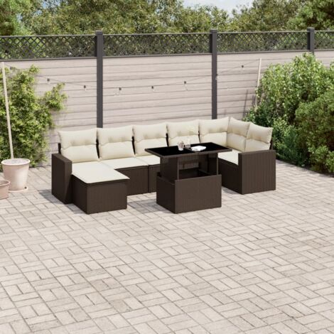 Gartenmöbelset 8 Teilig mit braunen Kissen aus geflochtener Kunstfaser
