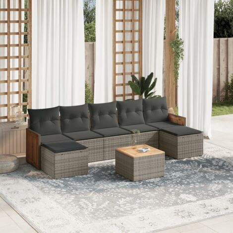 Gartenmöbelset 8-teilig mit grauen Kissen aus Geflecht