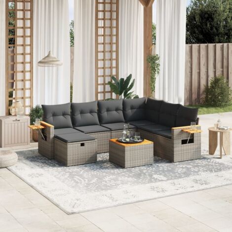 Gartenmöbelset 8-teilig mit grauen Kissen aus Geflecht