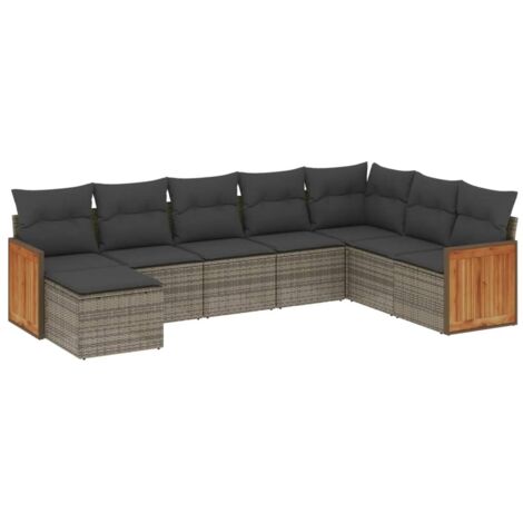 Gartenmöbelset 8-teilig mit grauen Kissen aus geflochtener Rattan