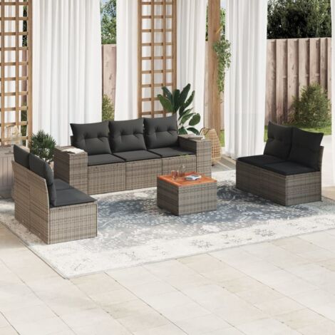 Gartenmöbelset 8 Teilig mit grauen Kissen aus geflochtener Rattan-Optik