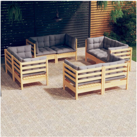 Gartenmöbelset 8-teilig mit grauen Kissen aus Kiefernholz