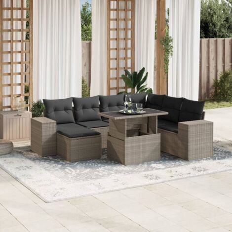 Gartenmöbelset 8-teilig mit hellgrauen Kissen aus geflochtener Resin