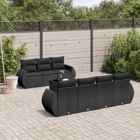 Gartenmöbelset 8-teilig mit schwarzen Kissen aus Geflecht