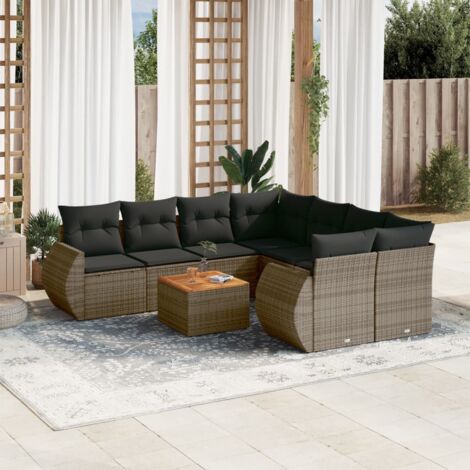 Gartenmöbelset 9 Teile mit grauen Kissen aus geflochtener Kunstfaser