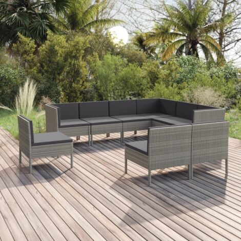 Gartenmöbelset 9 Teile mit Kissen Rattan Grau