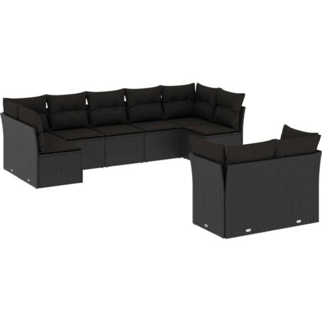 Gartenmöbelset 9 Teile mit Kissen Schwarz Geflecht