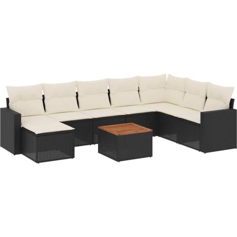 Gartenmöbelset 9 Teile mit Kissen Schwarz Geflecht