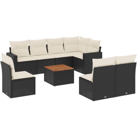 Gartenmöbelset 9 Teile mit Kissen Schwarz Geflochtene Kunststoff