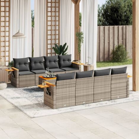 Gartenmöbelset 9-teilig mit grauen Kissen aus Geflecht
