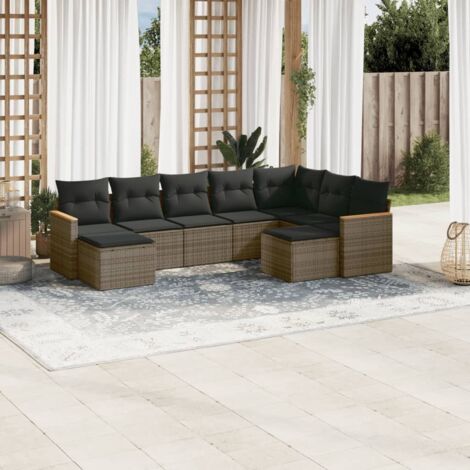 Gartenmöbelset 9-teilig mit grauen Kissen aus Geflecht