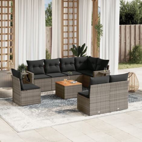 Gartenmöbelset 9-teilig mit grauen Kissen aus geflochtener Kunstfaser
