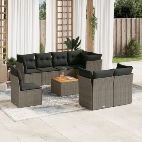 Gartenmöbelset 9-teilig mit grauen Kissen aus geflochtener Kunstfaser