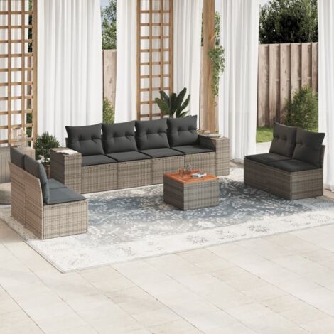 Gartenmöbelset 9-teilig mit grauen Kissen aus geflochtener Kunstoff
