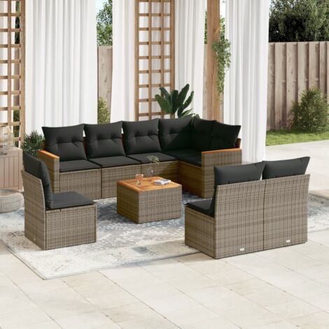 Gartenmöbelset 9-teilig mit grauen Kissen aus geflochtener Polyrattan