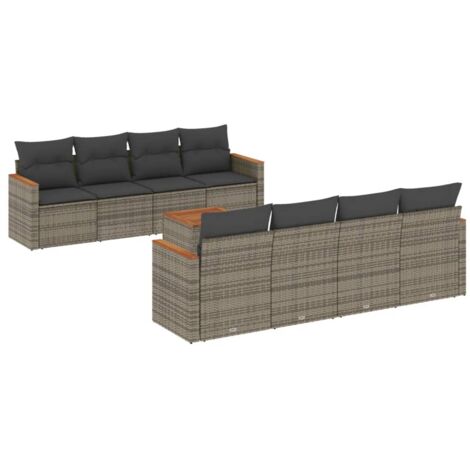 Gartenmöbelset 9-teilig mit grauen Kissen aus geflochtener Rattan