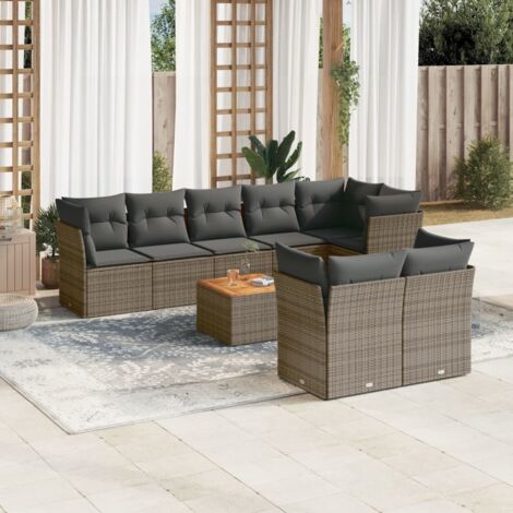 Gartenmöbelset 9-teilig mit grauen Kissen aus geflochtener Rattan