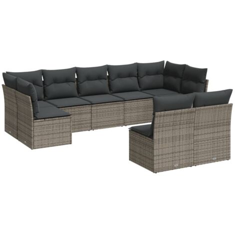 Gartenmöbelset 9-teilig mit grauen Kissen aus geflochtener Rattan-Optik