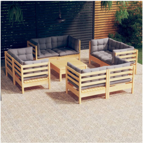 Gartenmöbelset 9-teilig mit grauen Kissen aus Kiefernholz