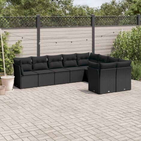 Gartenmöbelset 9-teilig mit Kissen in Schwarz aus Geflecht
