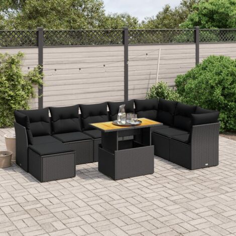 Gartenmöbelset 9-teilig mit Kissen schwarz Geflecht