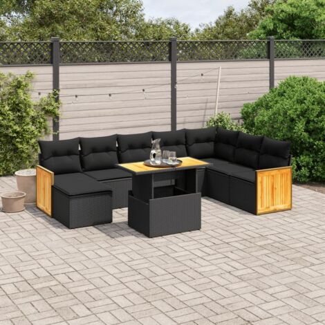 Gartenmöbelset 9 Teilig mit Kissen Schwarz Geflecht