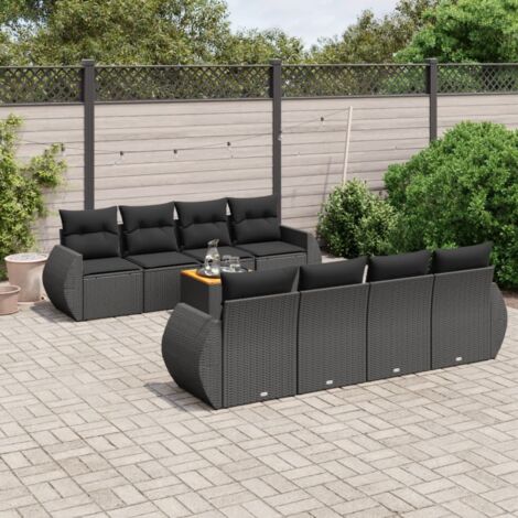 Gartenmöbelset 9-teilig mit Kissen Schwarz Geflochtene Harz