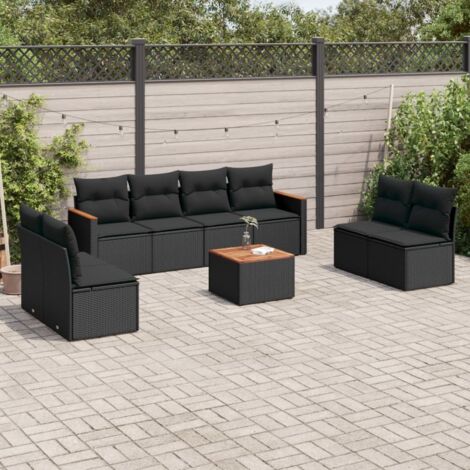 Gartenmöbelset 9-teilig mit Kissen Schwarz Geflochtene Kunstfaser