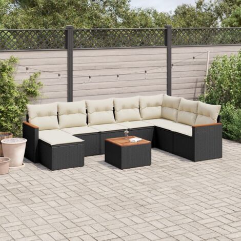 Gartenmöbelset 9-teilig mit Kissen Schwarz geflochtene Kunststoffe