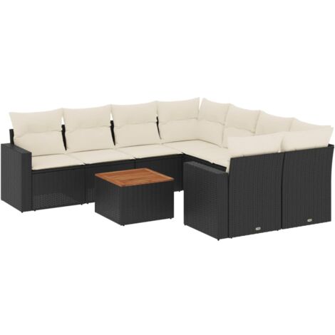 Gartenmöbelset 9 Teilig mit Kissen Schwarz Geflochtene Rattan