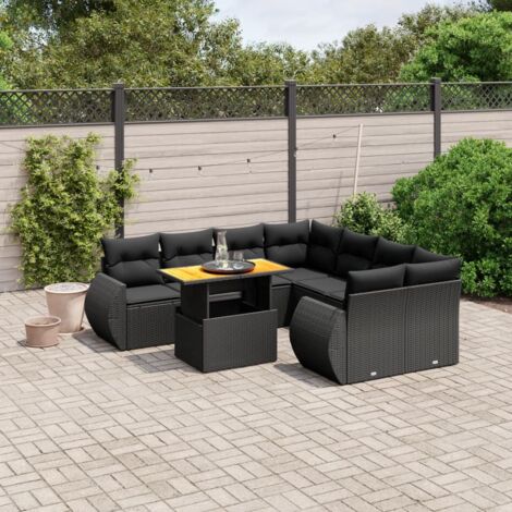 Gartenmöbelset 9-teilig mit Kissen Schwarz geflochtenes Kunststoffgeflecht