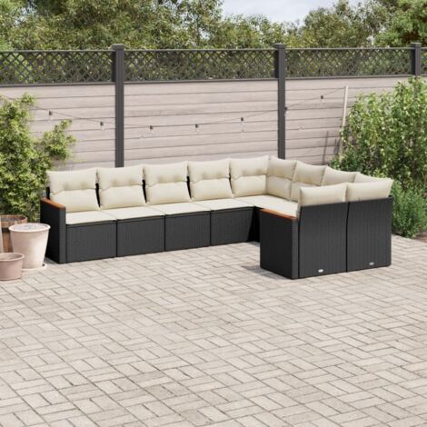 Gartenmöbelset 9-teilig mit Kissen Schwarz Rattangeflecht