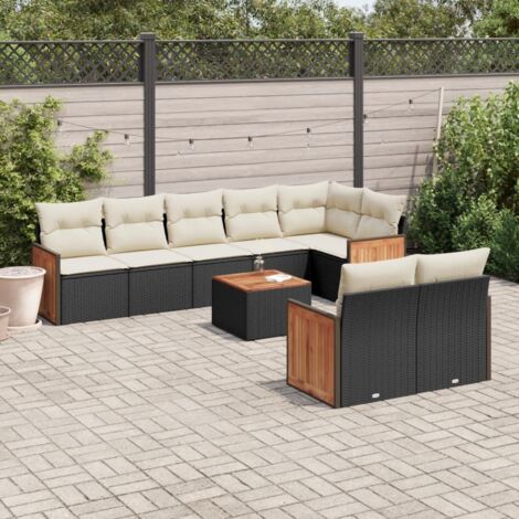 Gartenmöbelset 9 Teilig mit Kissen schwarz Rattangeflecht